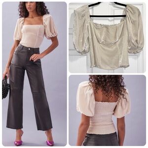 Reformation Luka Velvet Top Puff Sleeves Smocked Back Almond Size 0 Fits Bigger